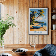 South Asia Travel Poster - Sri Lanka Coastal Print, Island Life Wall Art displayed on wooden wall.