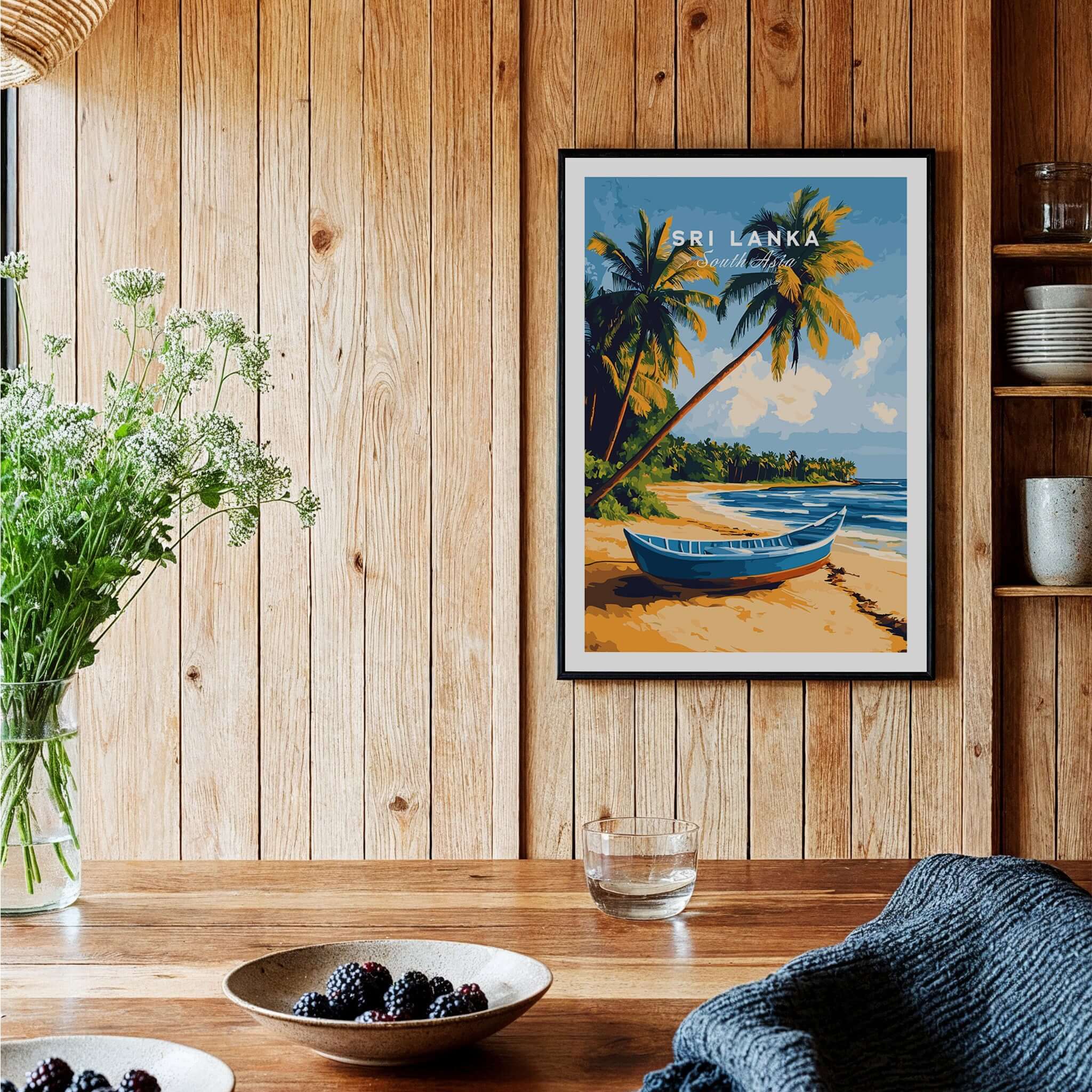 Sri Lanka Beach Scene Art - Tropical Island Print, Palm Tree Wall Decor displayed in a cozy wooden interior.