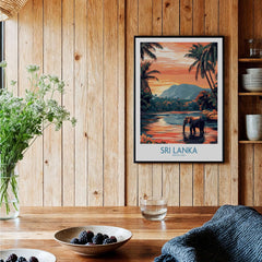 Sri Lanka Nature Art - Elephant in River Poster, Tropical Wildlife Print hanging on a wooden wall with decor.
