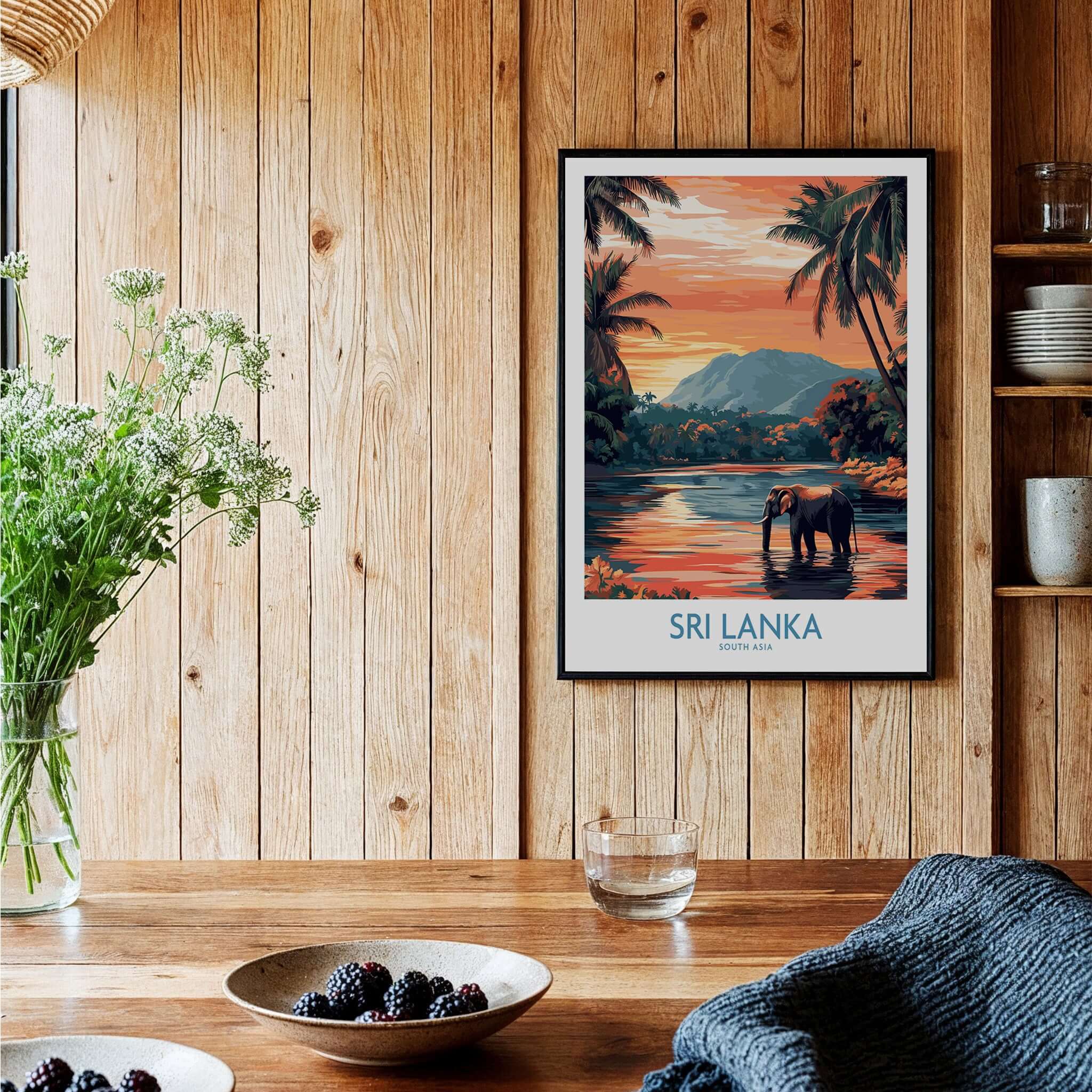 Sri Lanka Nature Art - Elephant in River Poster, Tropical Wildlife Print hanging on a wooden wall with decor.