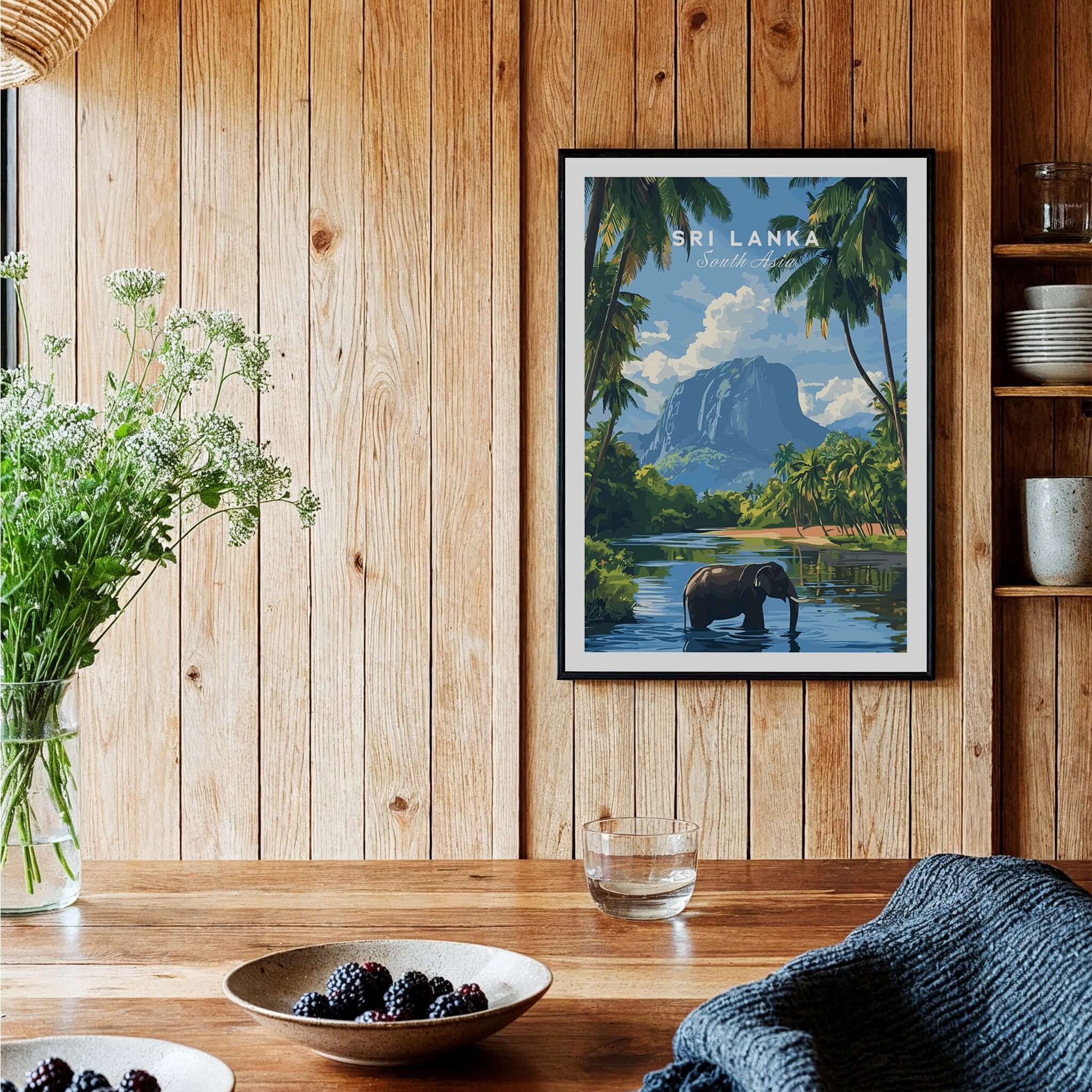 Sri Lanka Wildlife Poster - South Asia Landscape Art, Elephant Mountain View featuring an elephant by a mountain stream.