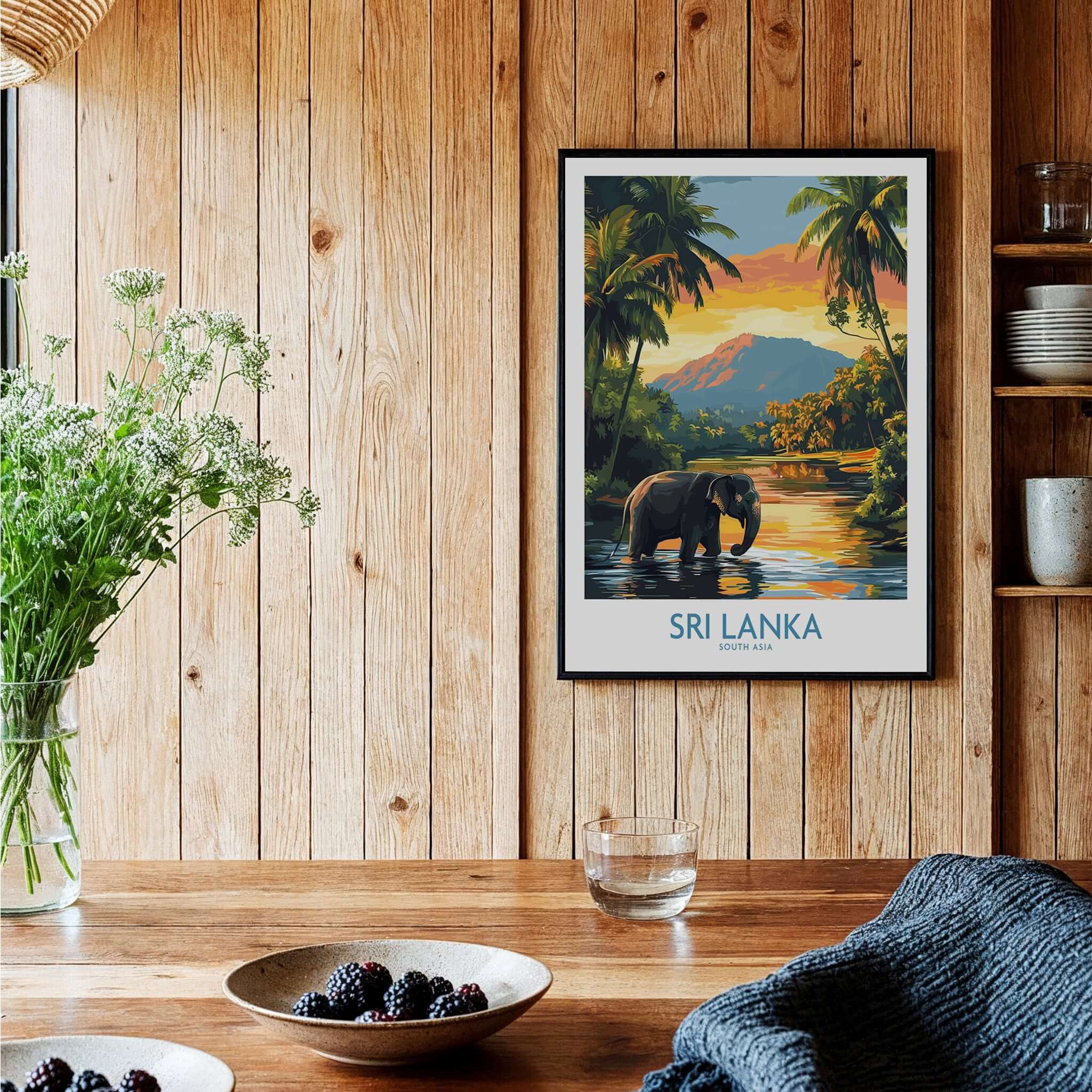 Sri Lanka Travel Art Print - Elephant Swimming Wall Art, Tropical Adventure Scene displayed in a rustic interior setting.