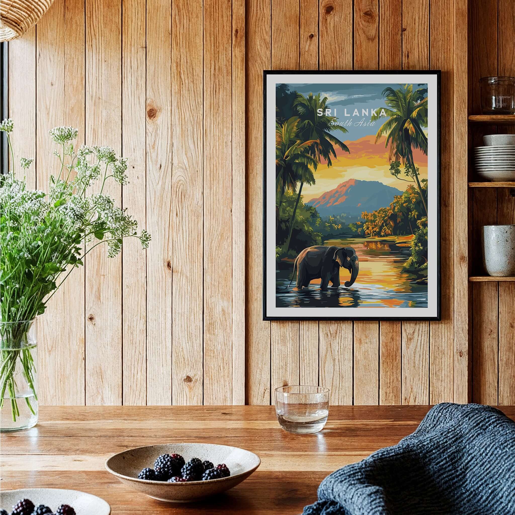 Sri Lanka Paradise Art - South Asia Elephant Print, Warm Sunset Decor showcased in a cozy interior setting.