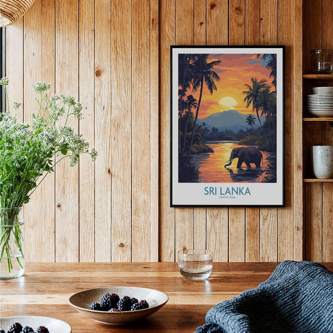 Sri Lanka Poster with Elephant in tropical setting at Sunset - Travel Print hanging in a rustic room with wooden décor.