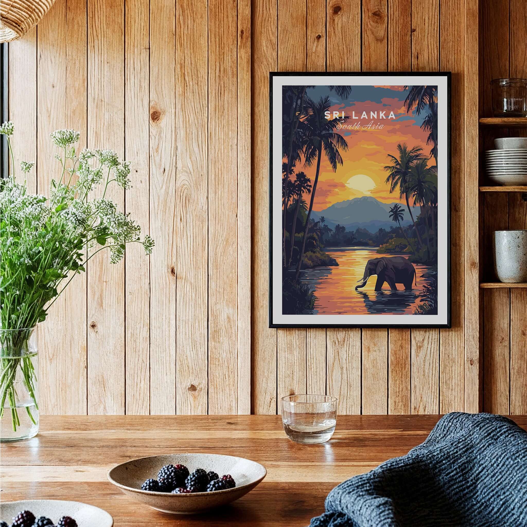 Sri Lanka Wall Art Print - Elephant and Sunset Poster, Exotic Wildlife Decor displayed in a rustic wooden interior.