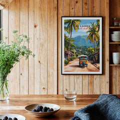 Sri Lanka Tuk-Tuk Art Print - South Asia Travel Poster, Island Street Scene on a wooden wall with plants.