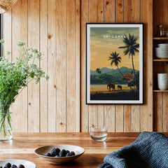 Sri Lanka Wall Art Print | Sunset Elephant Landscape Travel Poster featuring elephants and palm trees in a vibrant sunset.