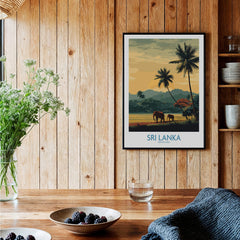 Sri Lanka Poster | Tropical Palm Tree & Elephant Canvas Print showcasing elephants and palm trees in a serene landscape.