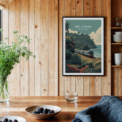 Sri Lanka Wall Art Print | Train Travel Poster showcasing a vintage train traveling along a beautiful coastal landscape.