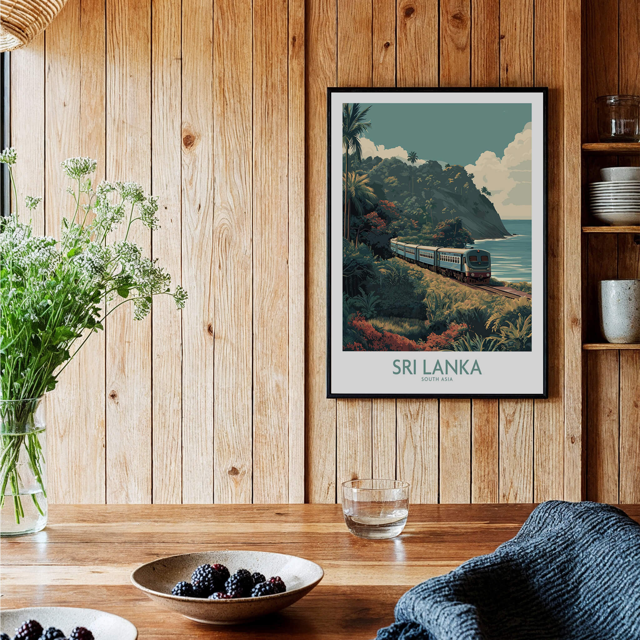 Sri Lanka Poster | Tropical Railway Canvas Print showcasing a scenic train journey along a tropical coastline.