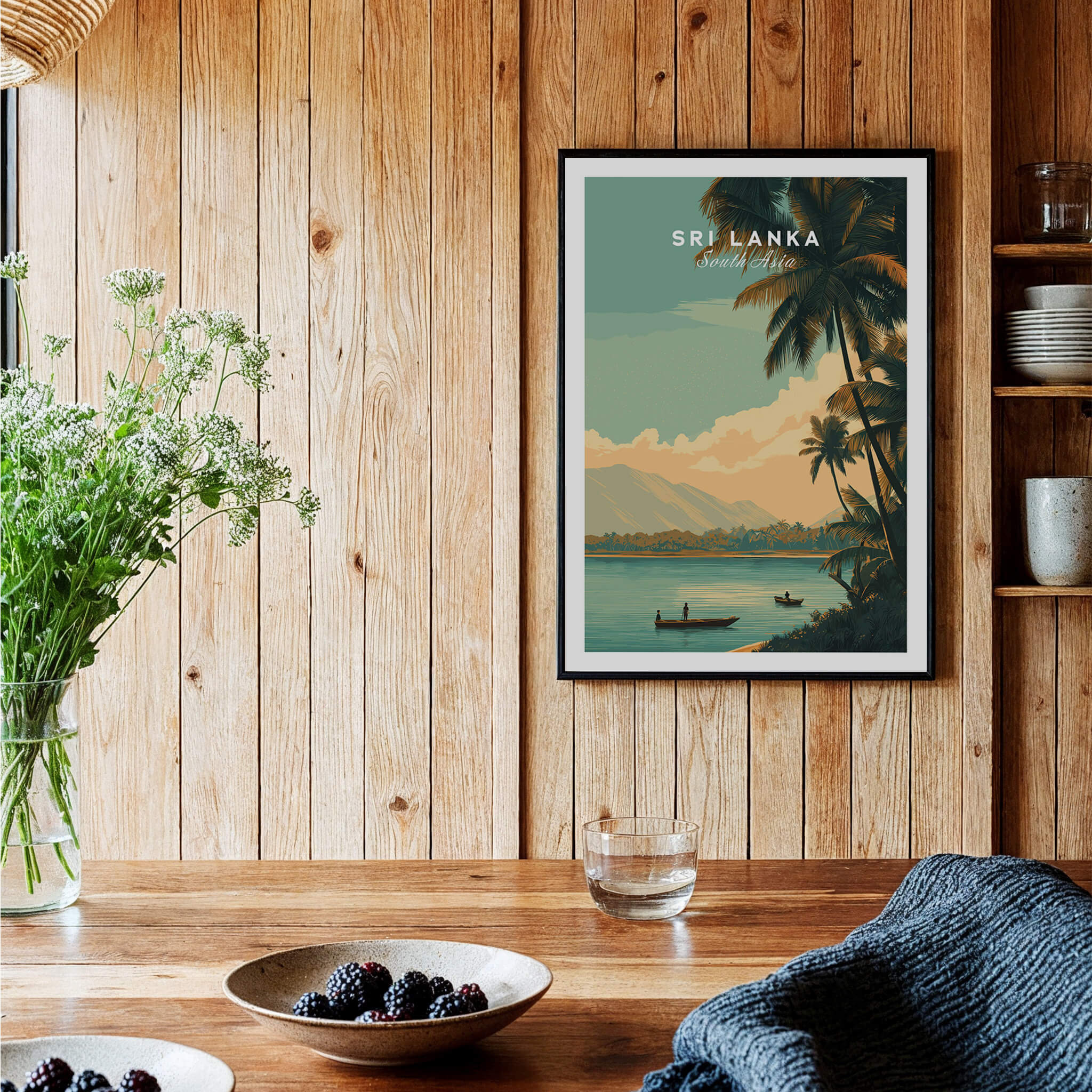 Sri Lanka Travel Poster | Sunset Wall Art Print showcasing a tropical landscape with palm trees and serene waters.