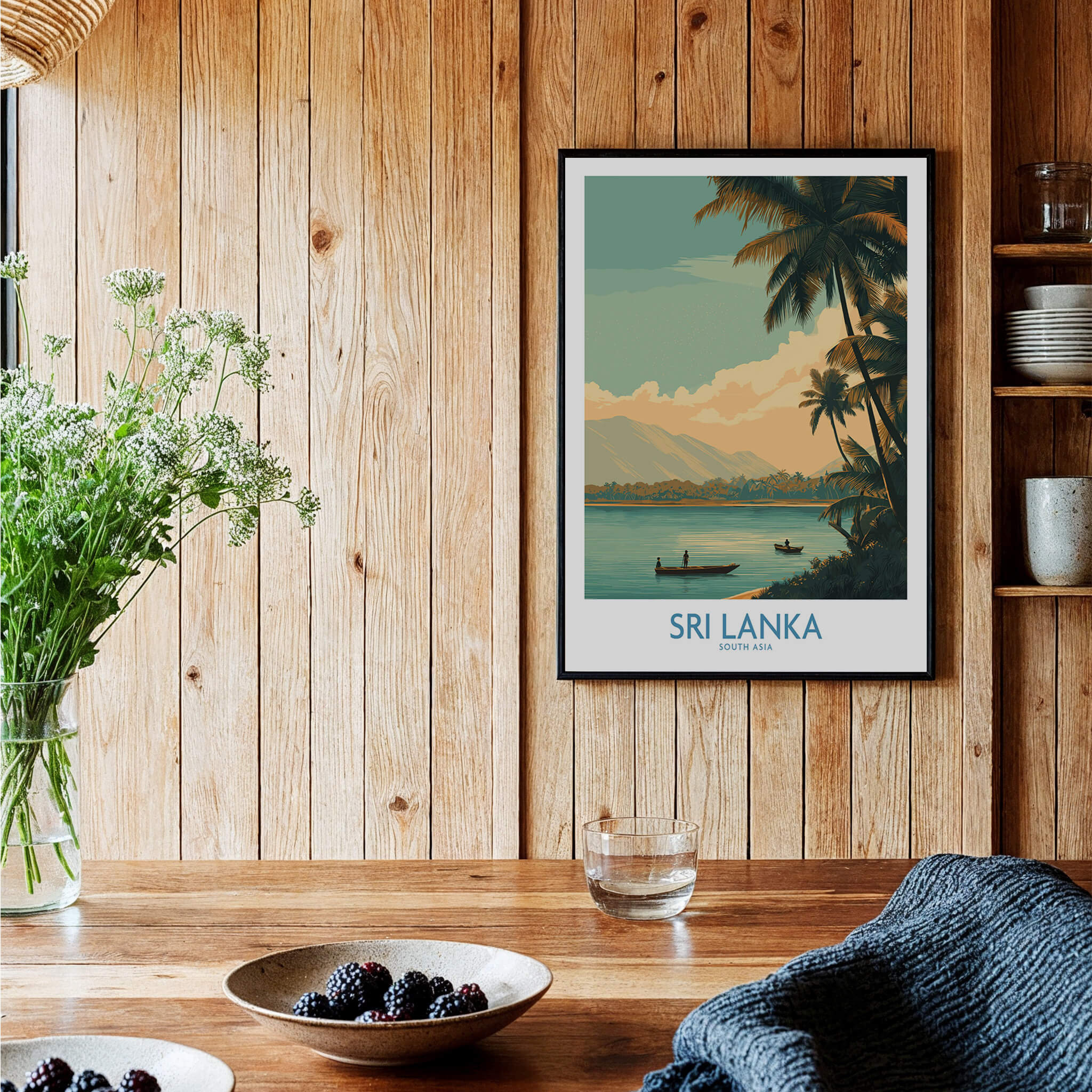 Sri Lanka Canvas Print | Traditional Boat Scene Poster displayed in a cozy wooden interior, featuring serene coastal landscapes.