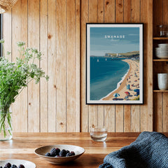 Swanage Dorset Wall Art Print | British Seaside Beach Travel Poster displayed in a cozy interior setting.