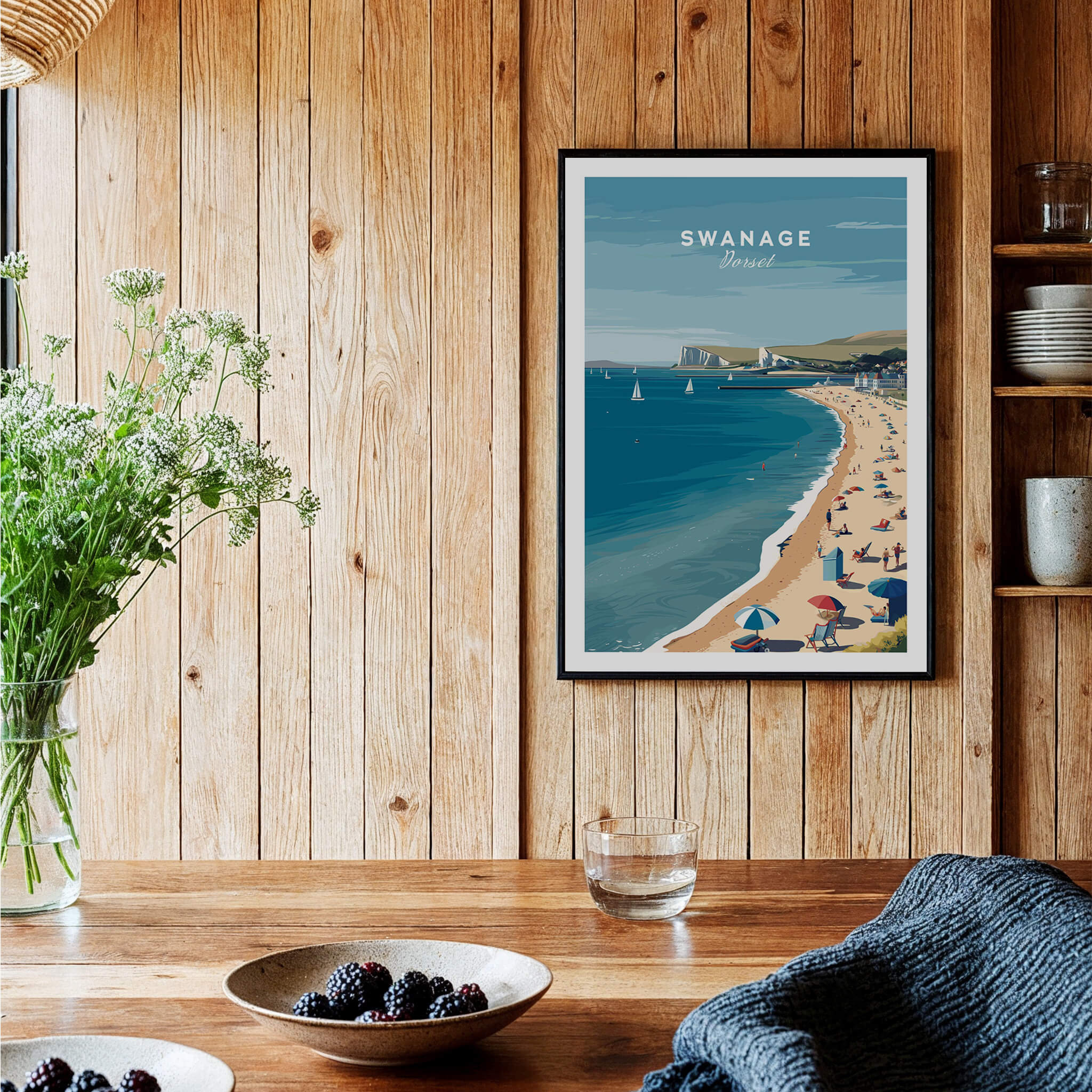 Swanage Dorset Wall Art Print | British Seaside Beach Travel Poster displayed in a cozy interior setting.