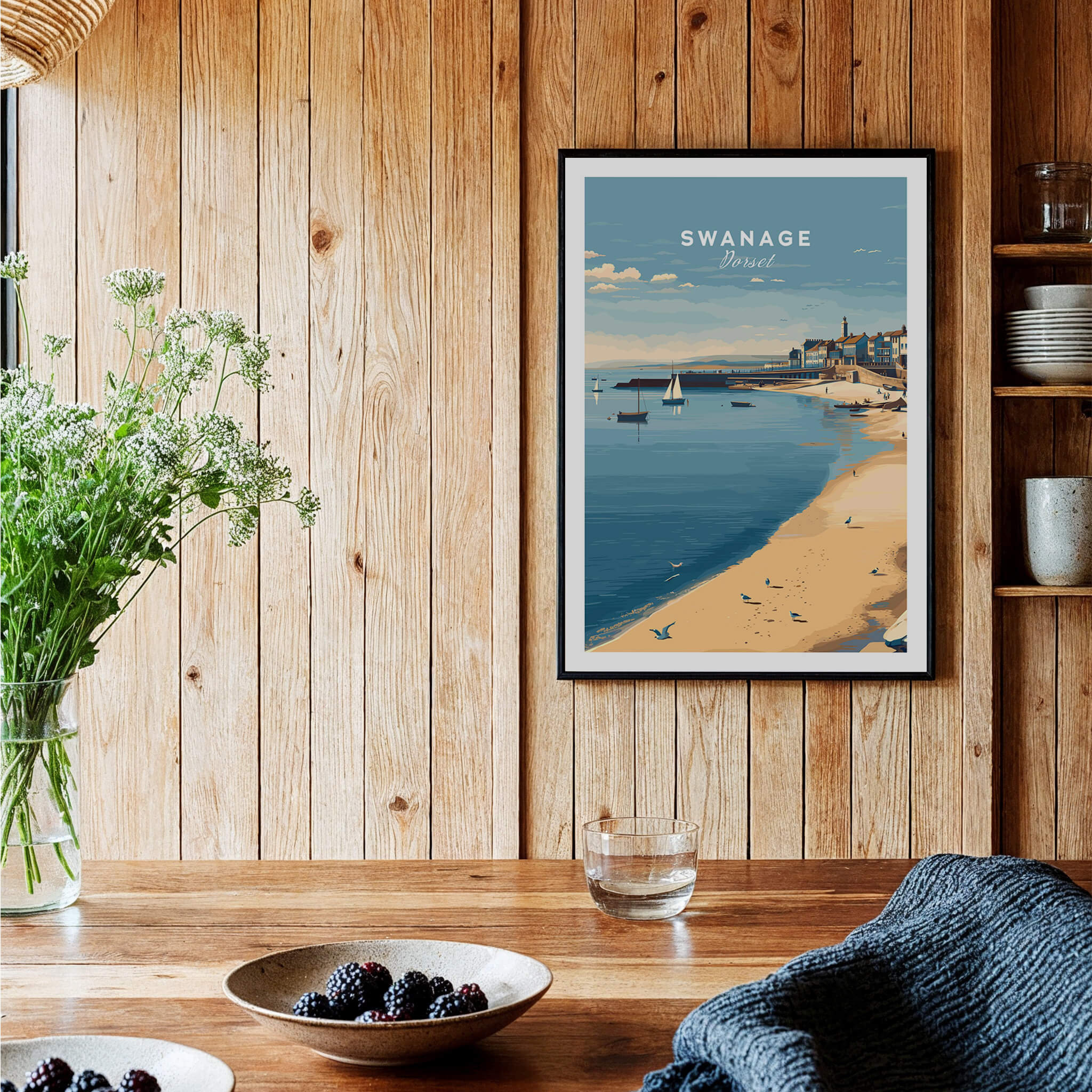 Swanage Dorset Travel Poster | English Coastal Town Wall Art Print featuring beach and coastal view in a cozy setting.