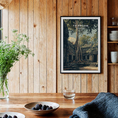 Ta Prohm Cambodia Travel Poster | Ancient Temple Jungle Ruins Wall Art Print displayed in a cozy interior setting.