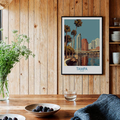 Tampa Florida Poster | Waterfront Sunset Cityscape Canvas Print displayed in a cozy room with wooden decor and a beautiful view.