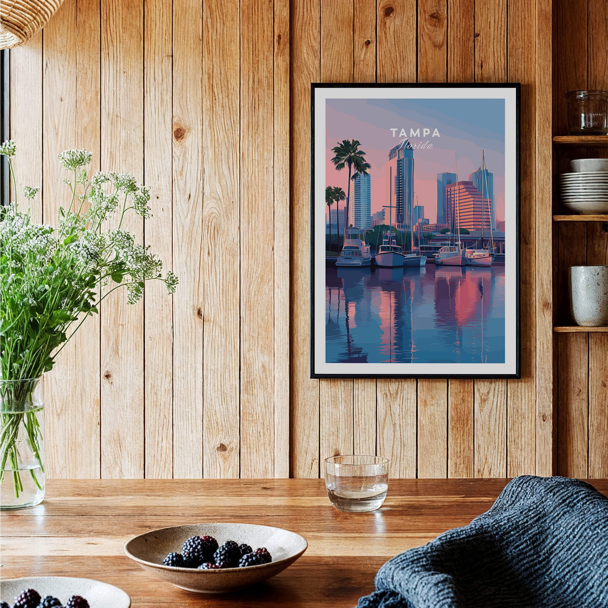 Tampa Florida Travel Poster | Marina Harbor & Skyline Wall Art Print showcasing marina and skyline in a beautiful setting.