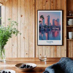 Tampa Florida Canvas Print | Sunset Bay & Sailboat Landscape Poster displayed in a rustic home setting with wooden walls.