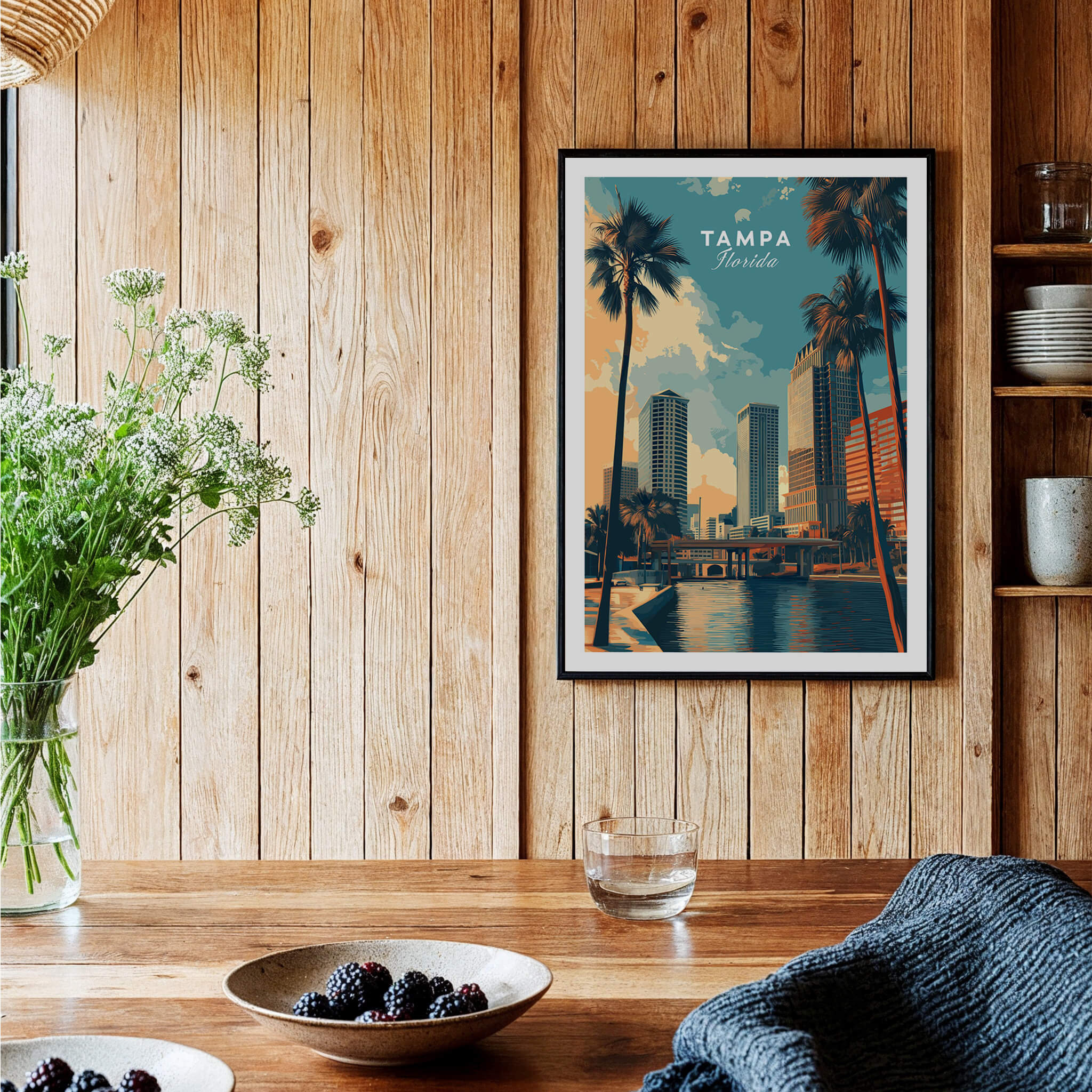 Tampa Florida Wall Art Print | Palm Trees & Modern Skyline Travel Poster hanging in a cozy interior with wooden décor.
