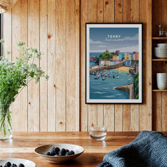 Framed Tenby travel poster art print on wooden kitchen wall, rustic decor with berries on table.