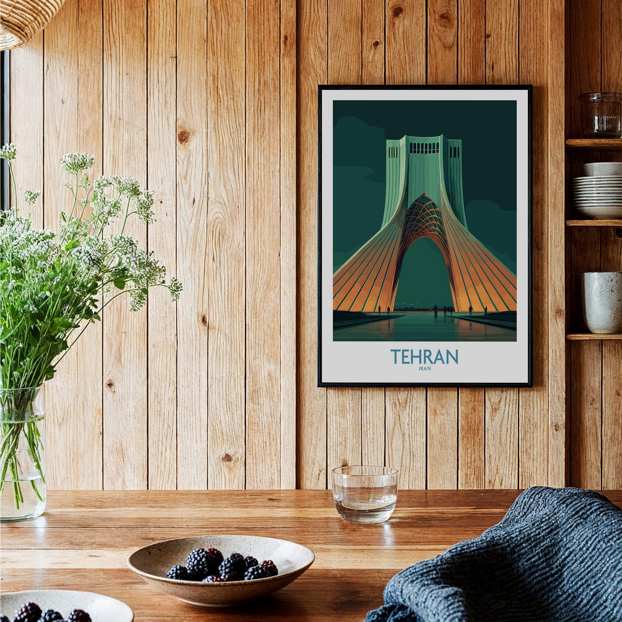 Tehran Iran Canvas Print | Iconic Persian Monument Cityscape Poster framed in a cozy interior setting with wooden decor.