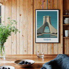 Tehran Poster Iran | Azadi Tower Sunset Architecture Canvas Print displayed in a cozy interior setting.