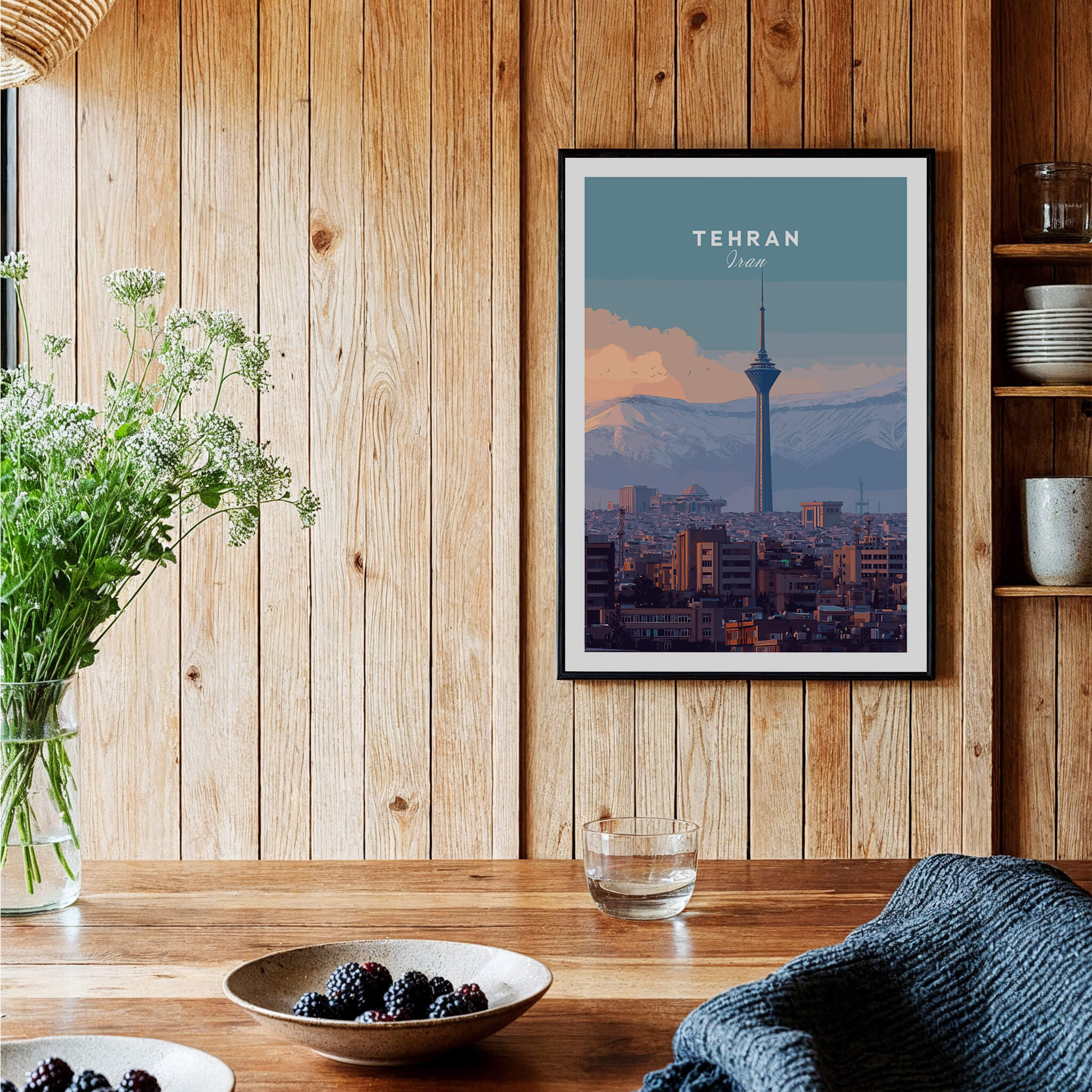Tehran Iran Travel Poster | Alborz Mountains Skyline Wall Art Print displayed in a cozy wooden interior setting.