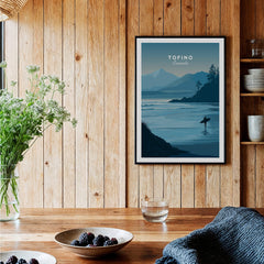 Tofino Canada Travel Poster | Pacific Coast Surfer Wall Art Print featuring a surfer on calm waters.