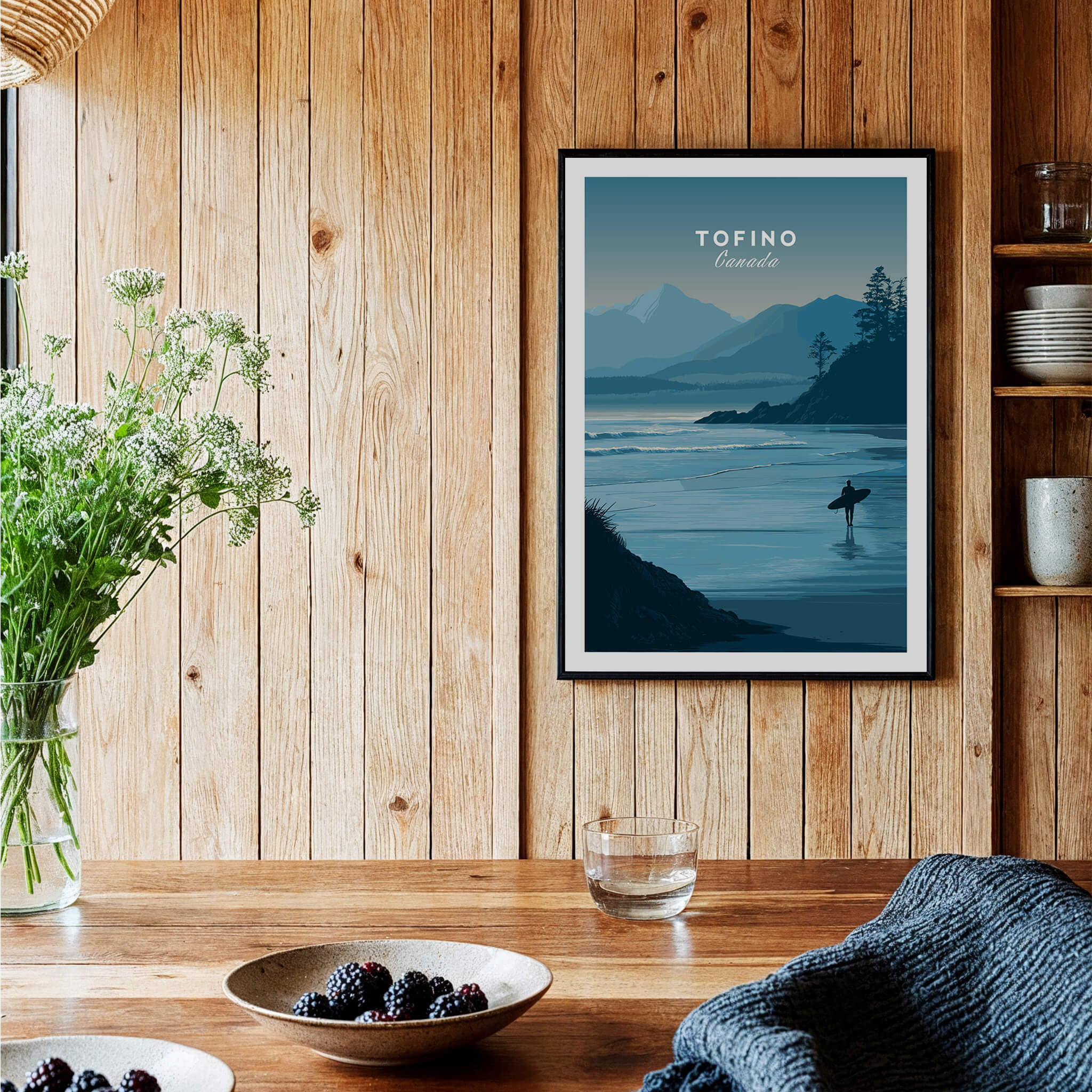 Tofino Canada Travel Poster | Pacific Coast Surfer Wall Art Print featuring a surfer on calm waters.