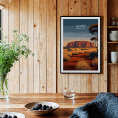 Uluru Australia Wall Art Print | Red Center Outback Travel Poster displayed in a kitchen setting with wooden decor.