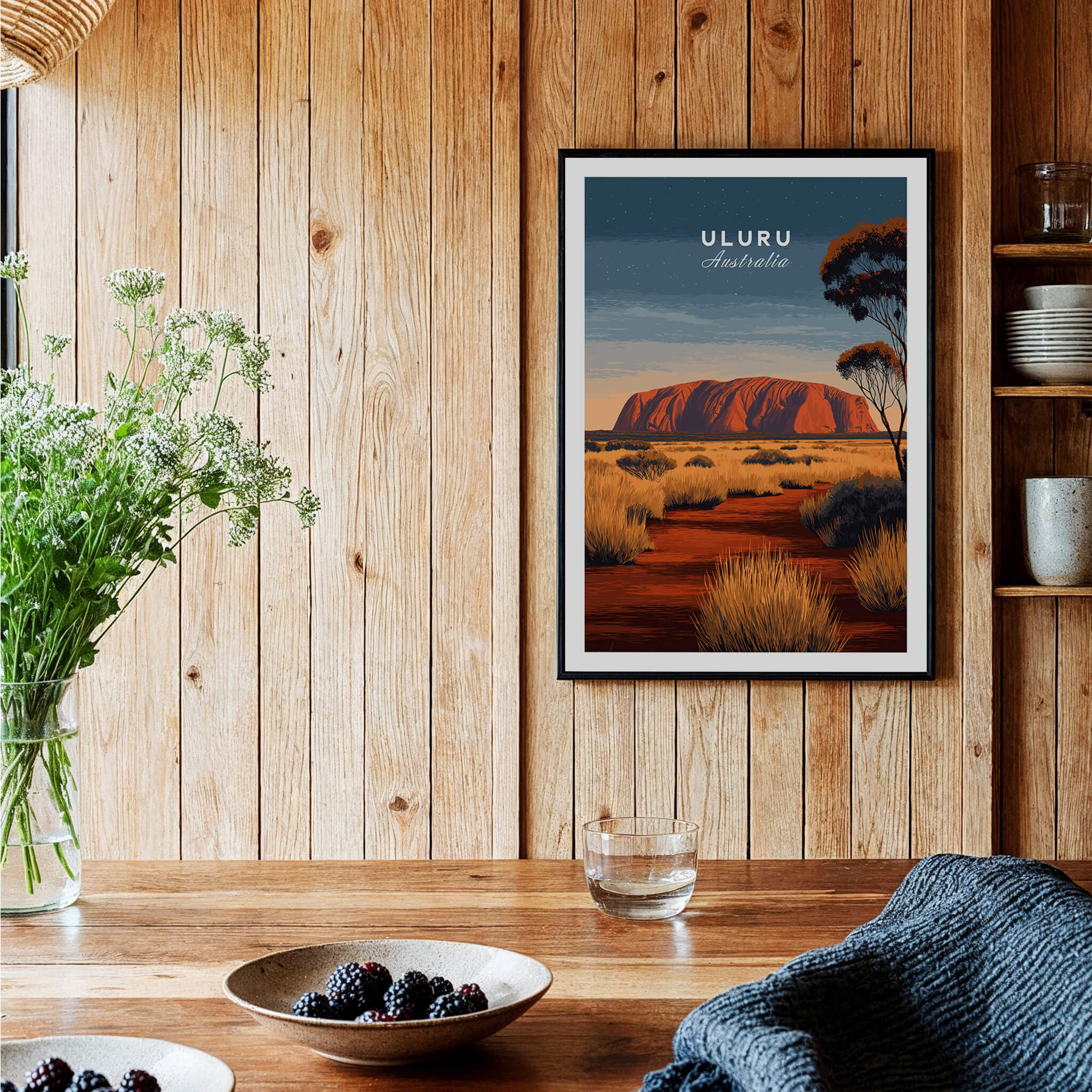 Uluru Australia Wall Art Print | Red Center Outback Travel Poster displayed in a kitchen setting with wooden decor.