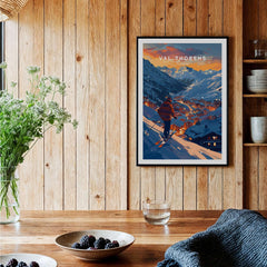 Val Thorens Ski Poster featuring stunning alpine scenery and a skier against a warm sunset backdrop.