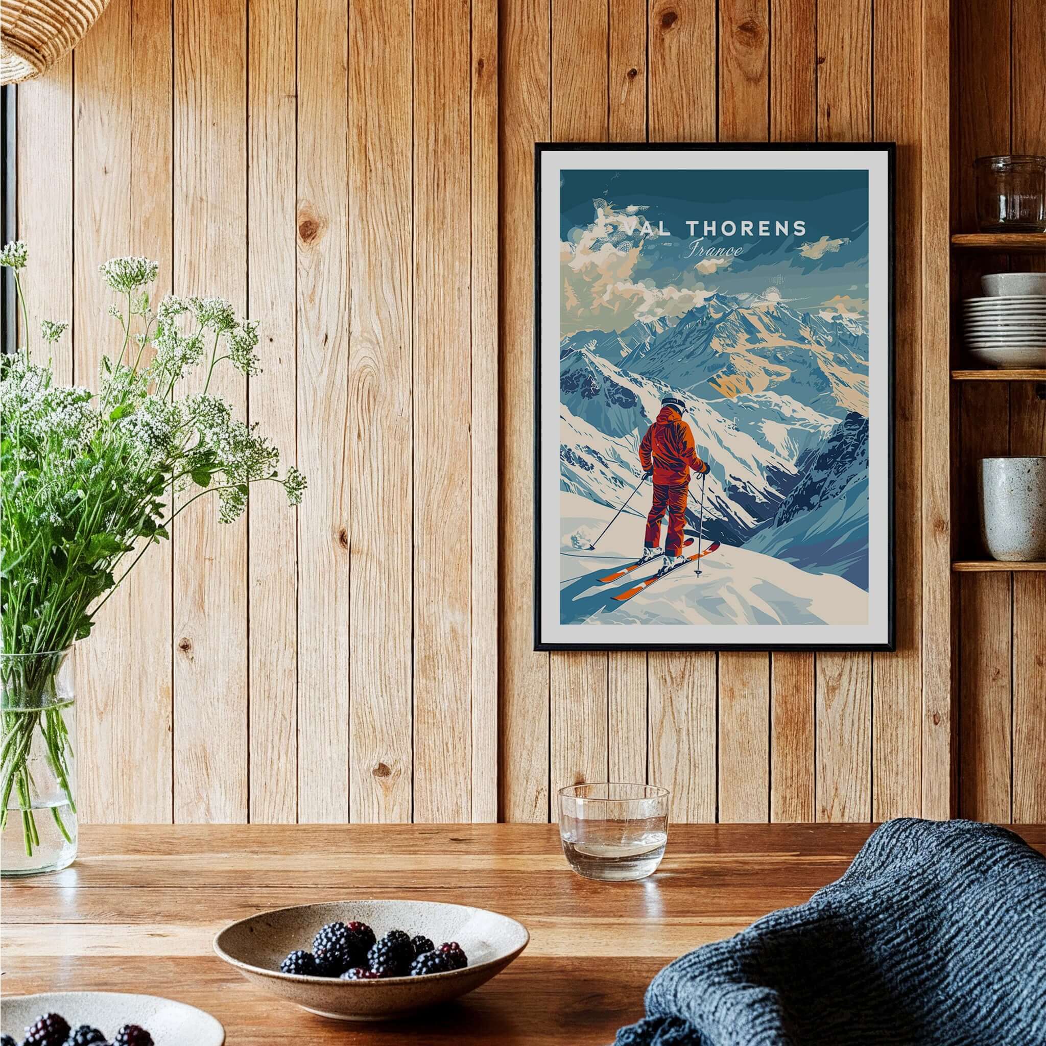 Val Thorens Poster showcasing a skier against the stunning alpine landscape, perfect for winter sports enthusiasts.