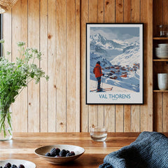 Val Thorens France Print showcasing a skier against a stunning mountain backdrop in a cozy home setting.