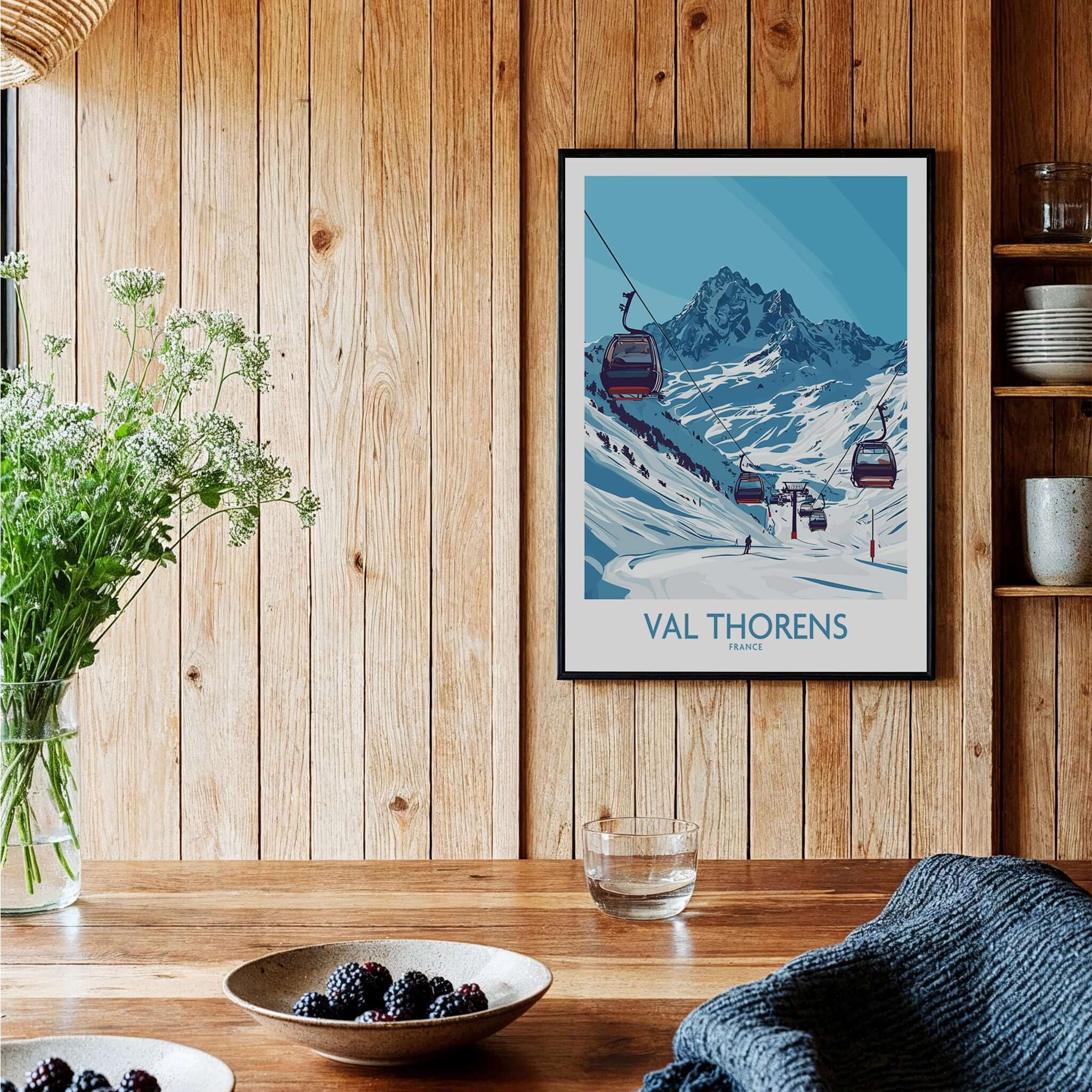 Winter Sports Poster | Val Thorens Ski Resort Wall Art featuring a vintage ski gondola scene.