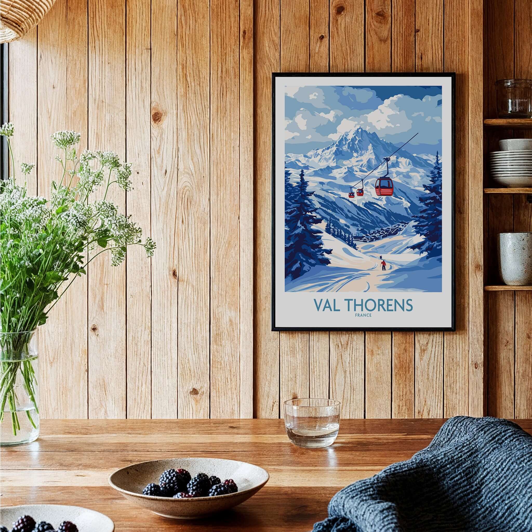 Ski Poster Val Thorens | Ski Trip Memories Wall Art featuring a scenic winter landscape with a ski lift.