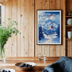 Val Thorens Poster France | Winter Sports Scene Print featuring a stunning alpine landscape and ski gondola.