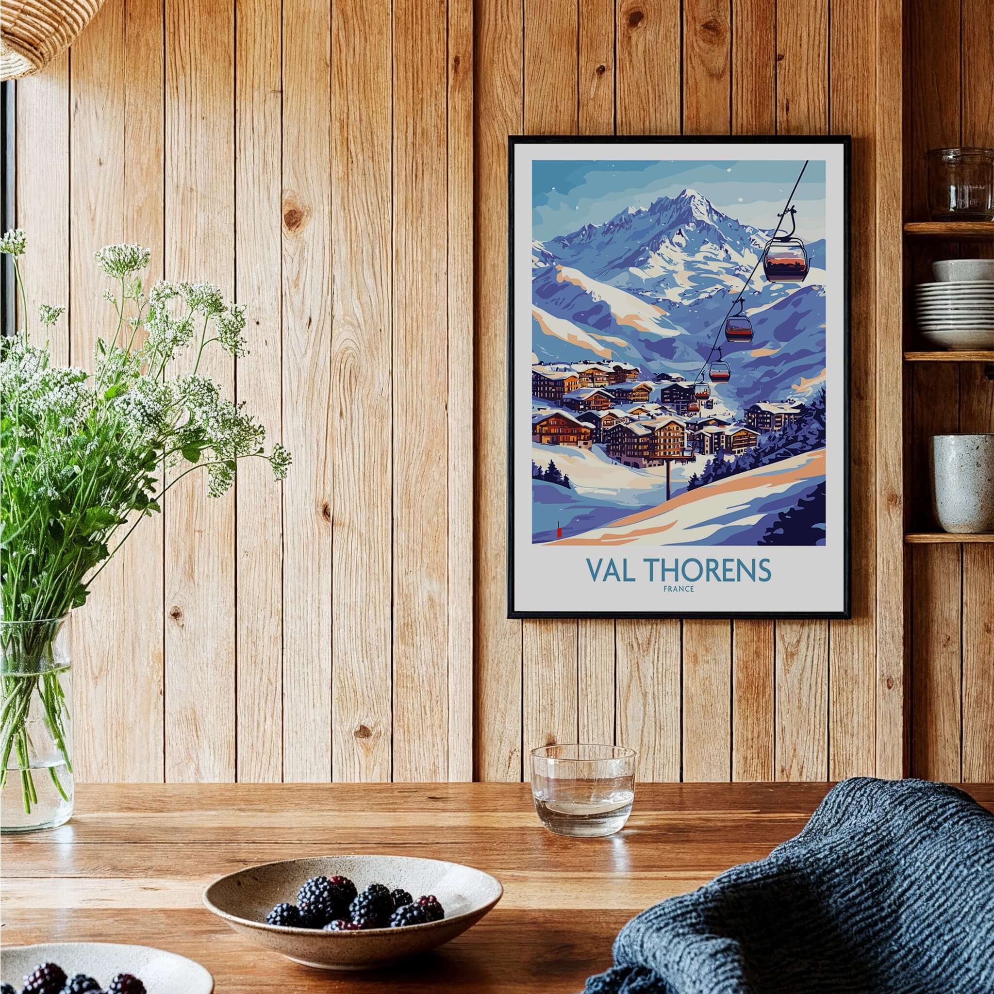Val Thorens Winter Sports Print | From the Top Ski Run View displayed in a wooden interior with a plant.