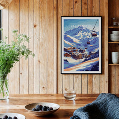 Val Thorens France Ski Poster | Iconic Chairlift Scene displayed in a cozy wooden room with plants and tableware.