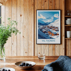 Ski in Val Thorens Art Print | France skiing Print framed and displayed in a cozy wooden interior with a winter landscape.