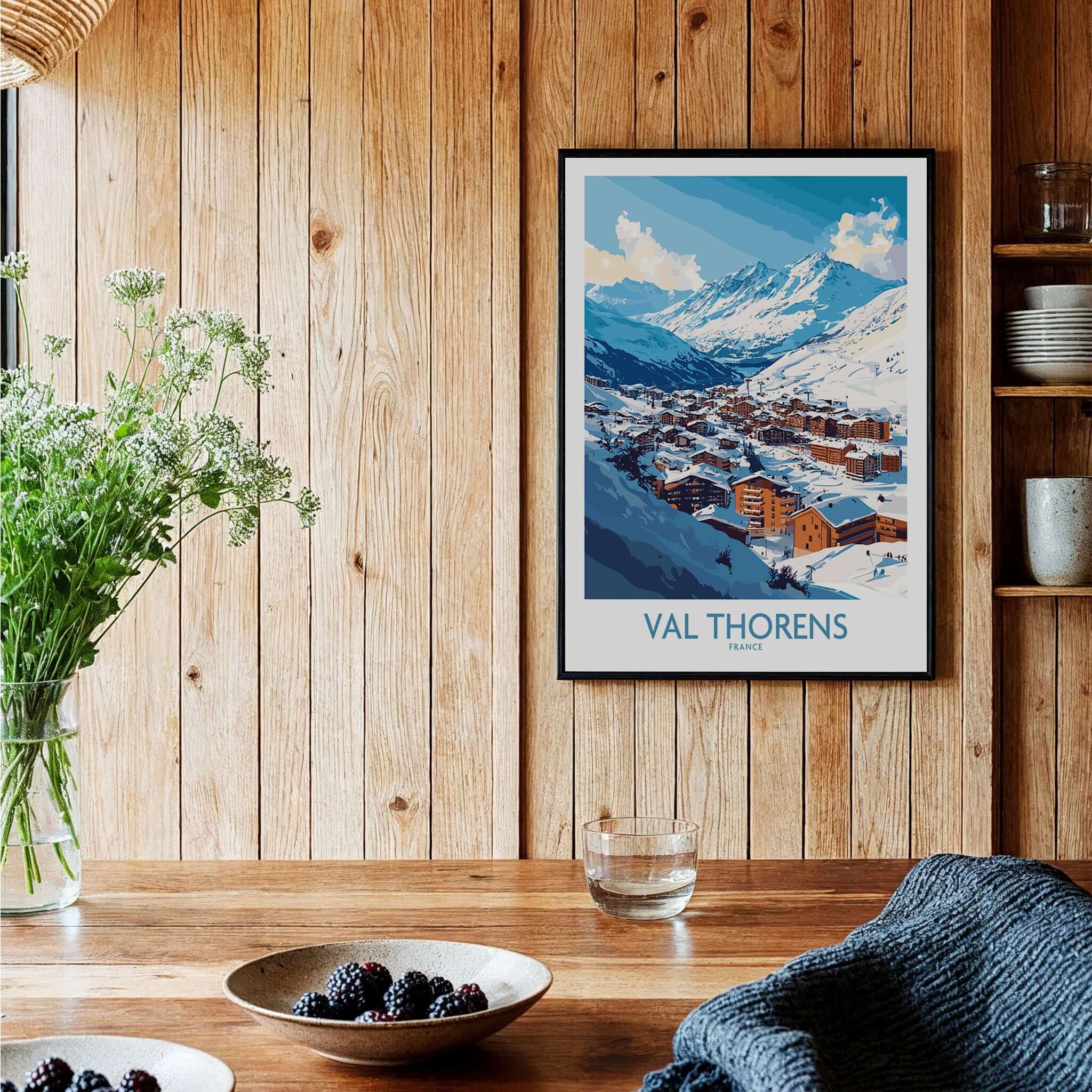 Ski in Val Thorens Art Print | France skiing Print framed and displayed in a cozy wooden interior with a winter landscape.