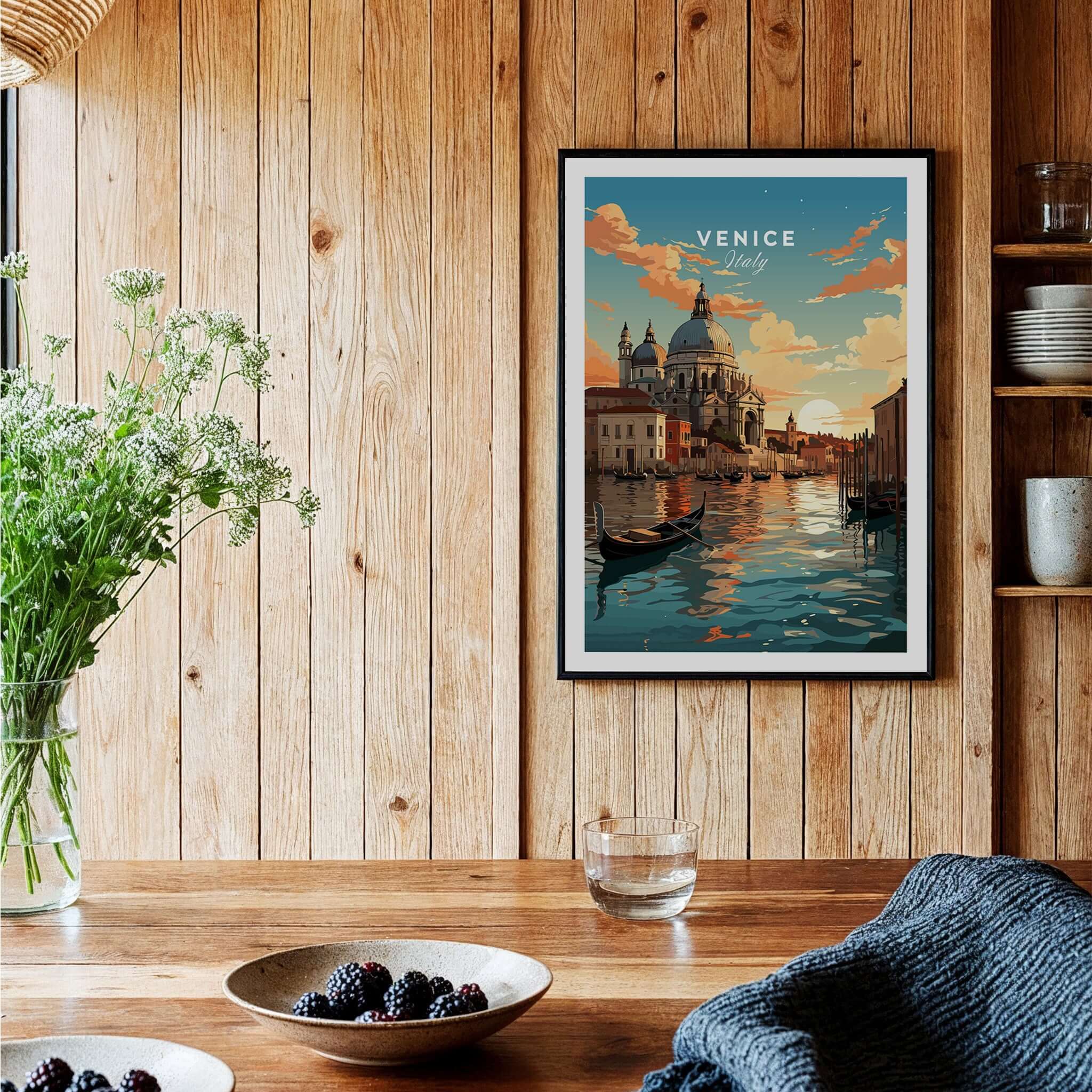 Venice Print featuring serene canals, a sunset, and a gondola in a cozy home setting.