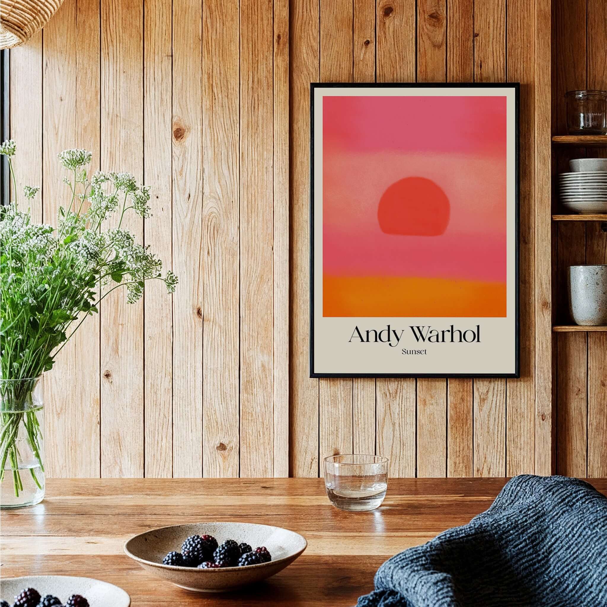 Andy Warhol Sunset Pink Orange Pop Art Print Modern Abstract Poster Wall Art displayed in a cozy home setting.