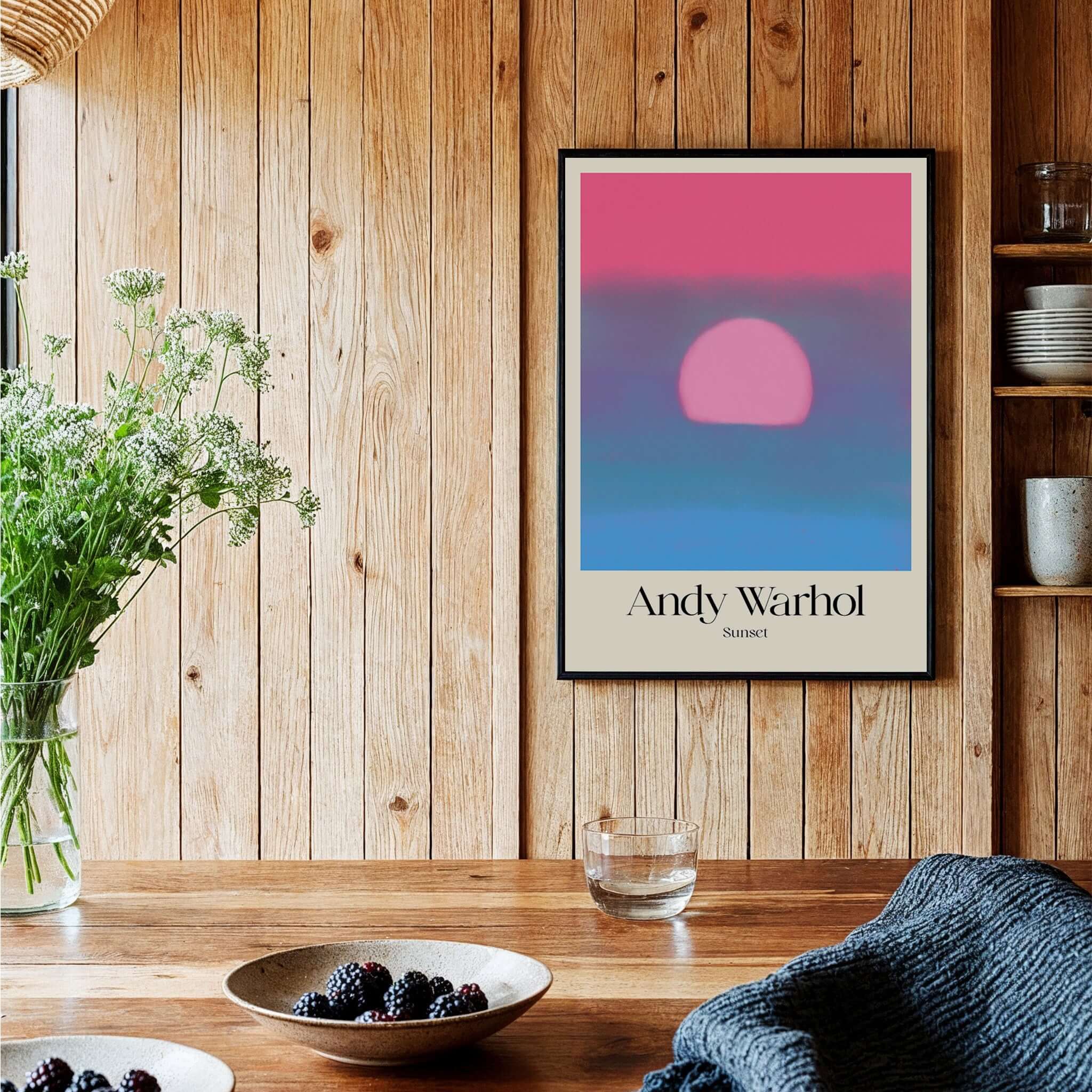 Andy Warhol Sunset Pink Blue Pop Art Poster Abstract Screenprint Wall Art Print displayed in a modern interior.
