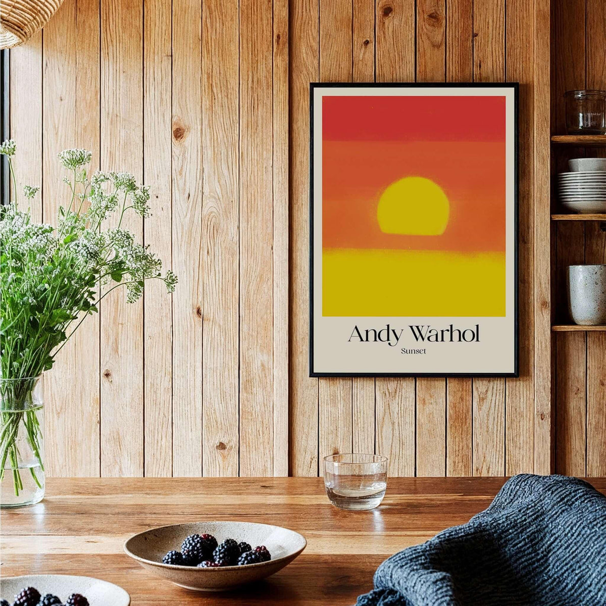 Andy Warhol Sunset Red Yellow Pop Art Abstract Print Modern Landscape Poster displayed in a cozy home interior setting.