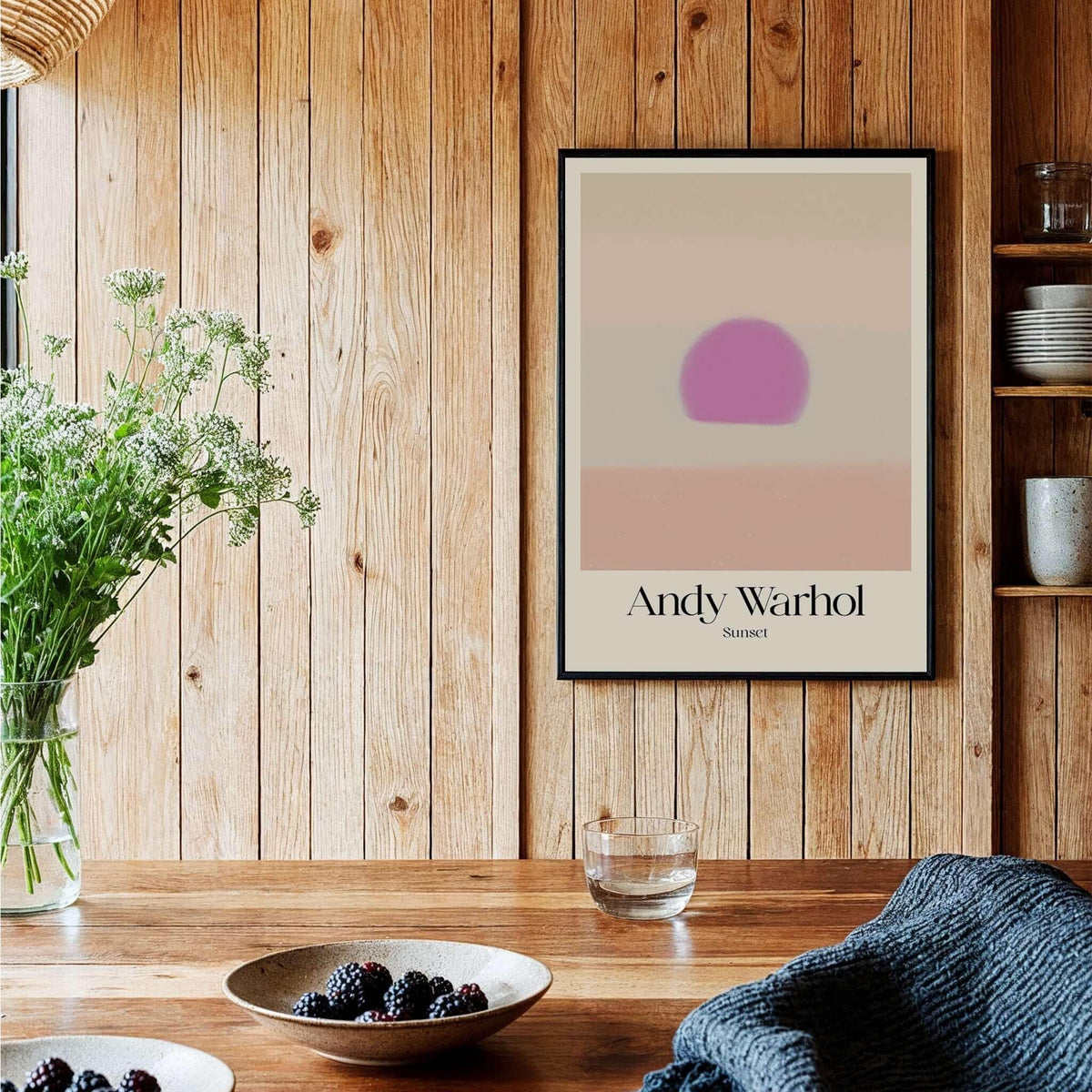 Andy Warhol Sunset Pastel Pink Purple Pop Art Print Subtle Abstract Poster Wall Art displayed on a wooden wall.