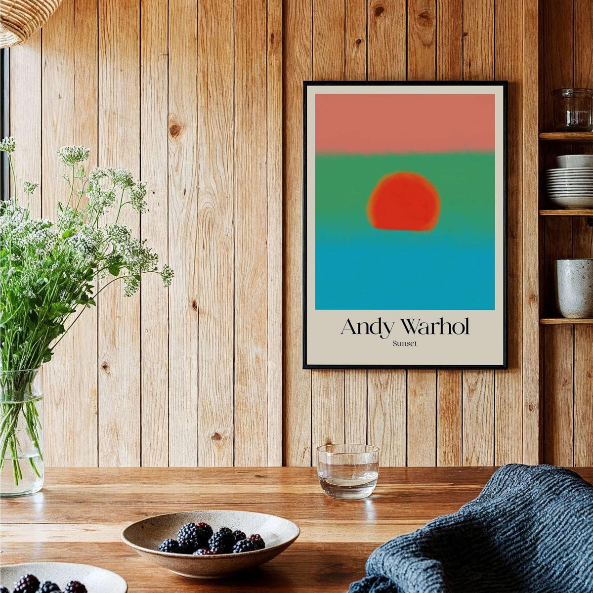 Andy Warhol Sunset Coral Green Blue Pop Art Poster Abstract Wall Art Print Modern displayed in a cozy interior setting.