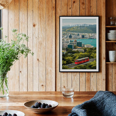 Wellington New Zealand Wall Art Print | Travel Poster featuring vibrant cityscape and iconic red cable car.