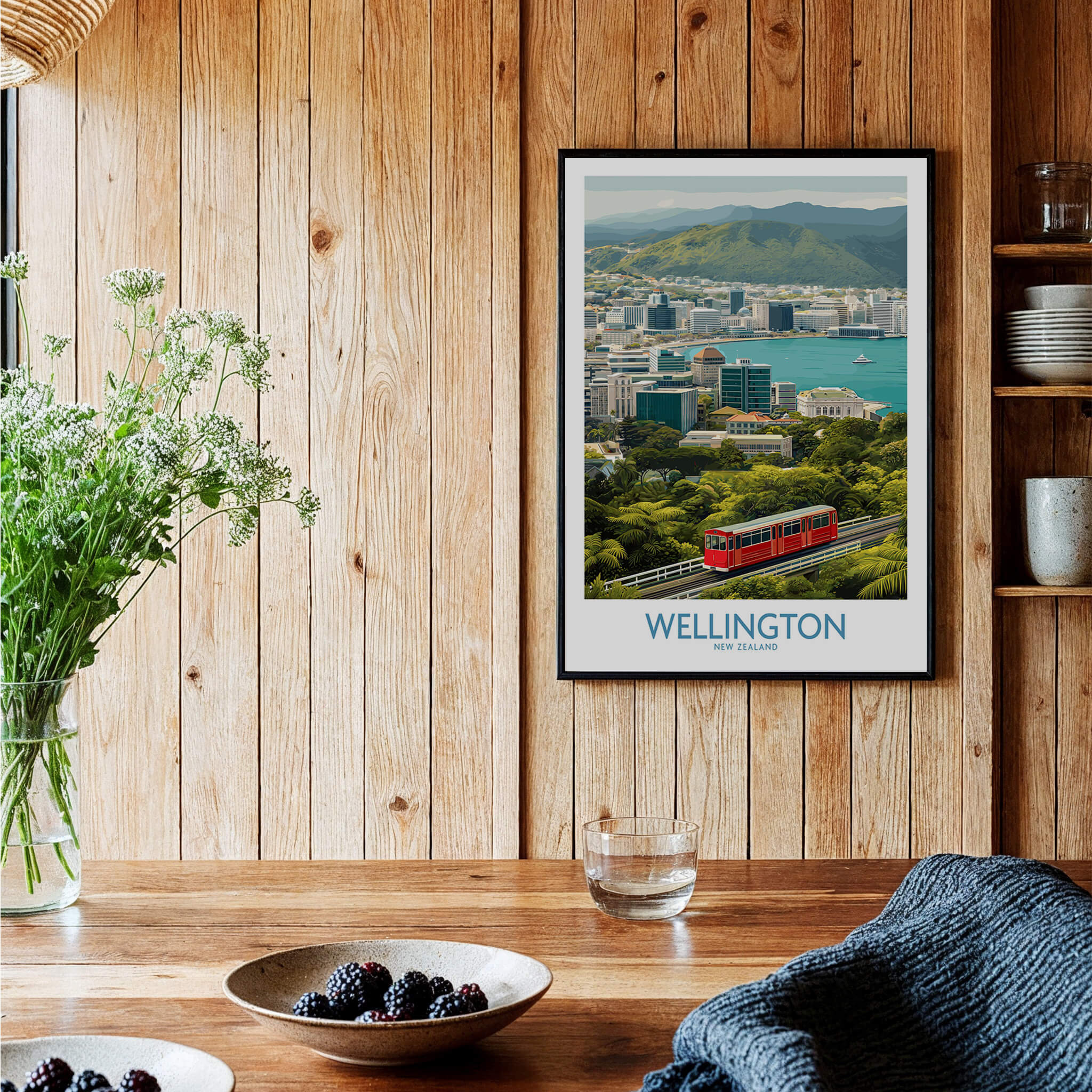Wellington New Zealand Poster | Scenic City Skyline Landscape Canvas Print displayed in a cozy interior setting.